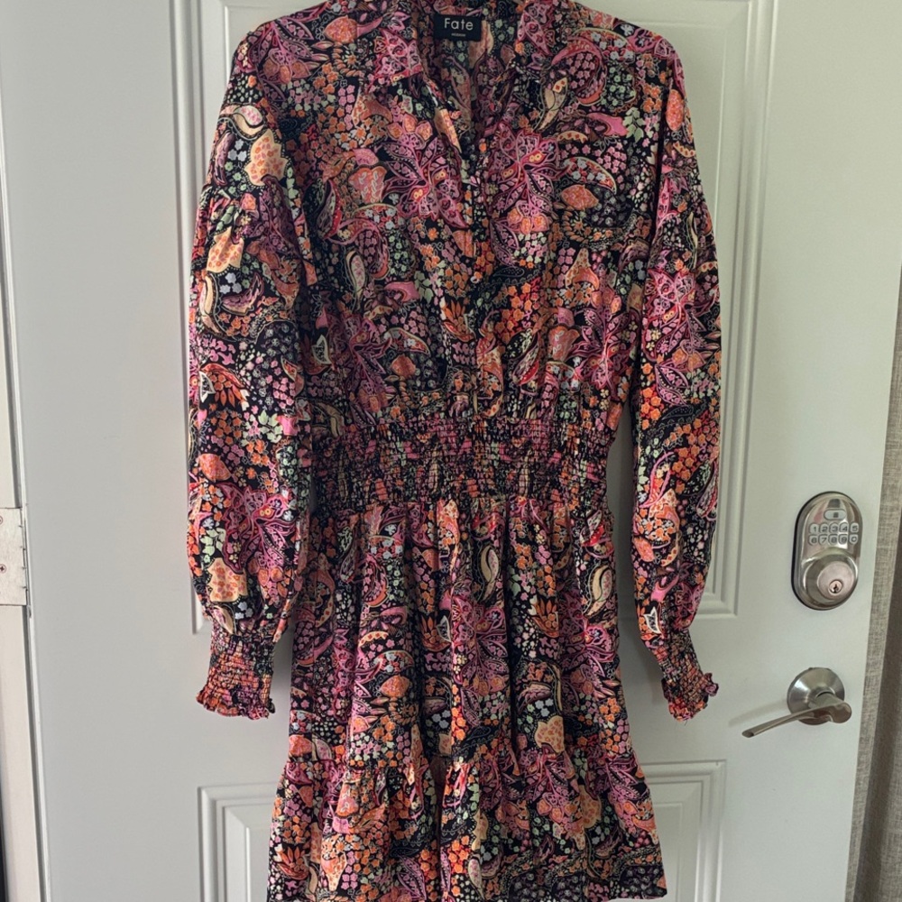 Fate Long Sleeve Paisley Shirred-Waist Mini Dress - Pink & Orange Multi